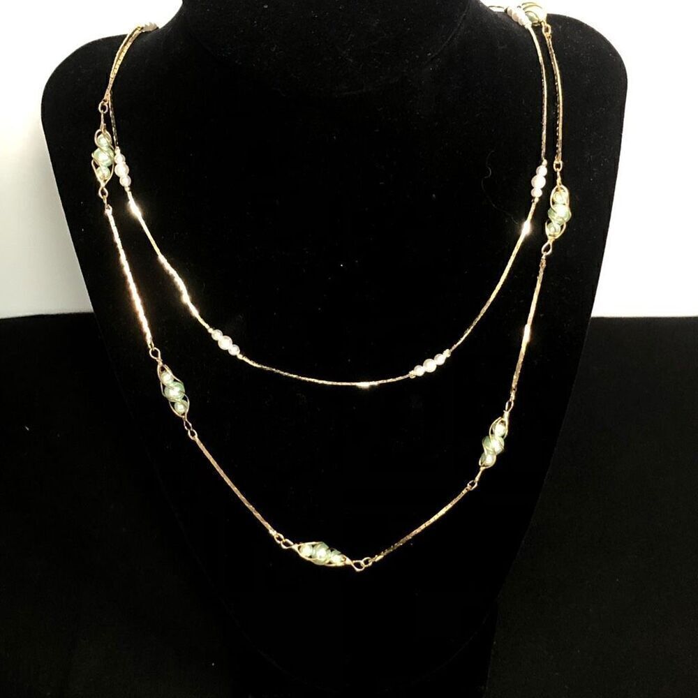 vintage korea gold tone caged pearls spaces snake chain long faux pearls elegant